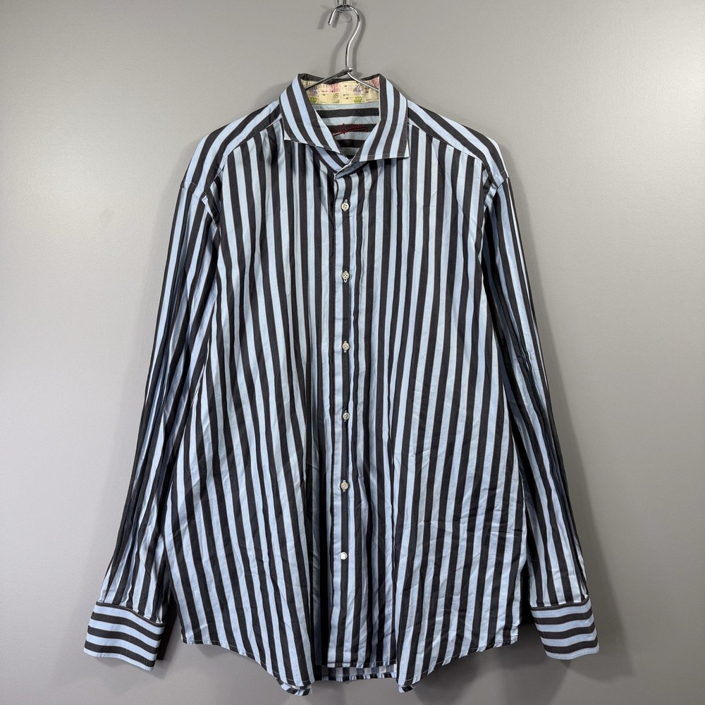 Robert Graham Shirt Mens XL Blue Striped Dress Long Sleeve Button Front Cotton
